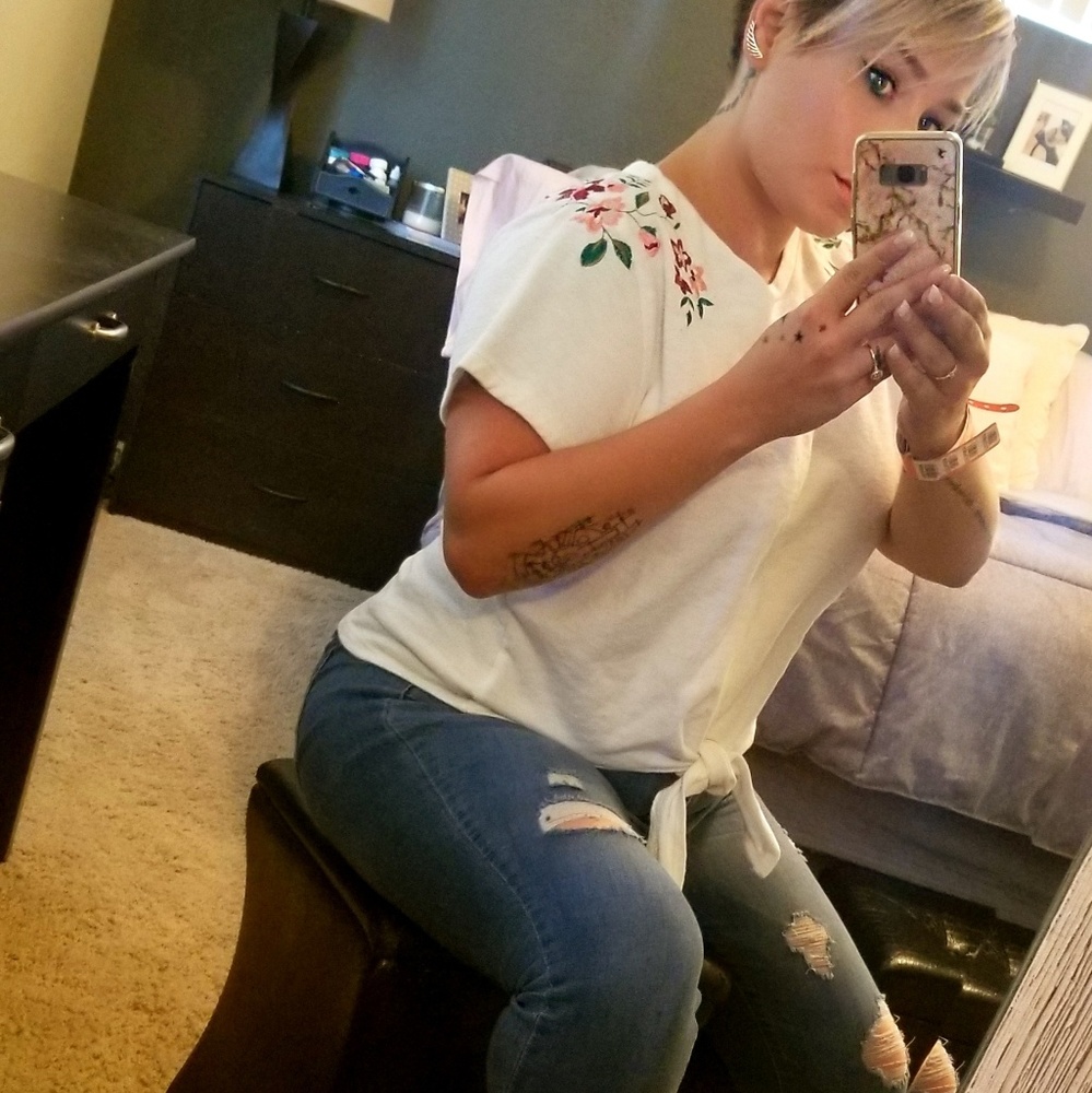 Embroidered Tie Waist Knit Top